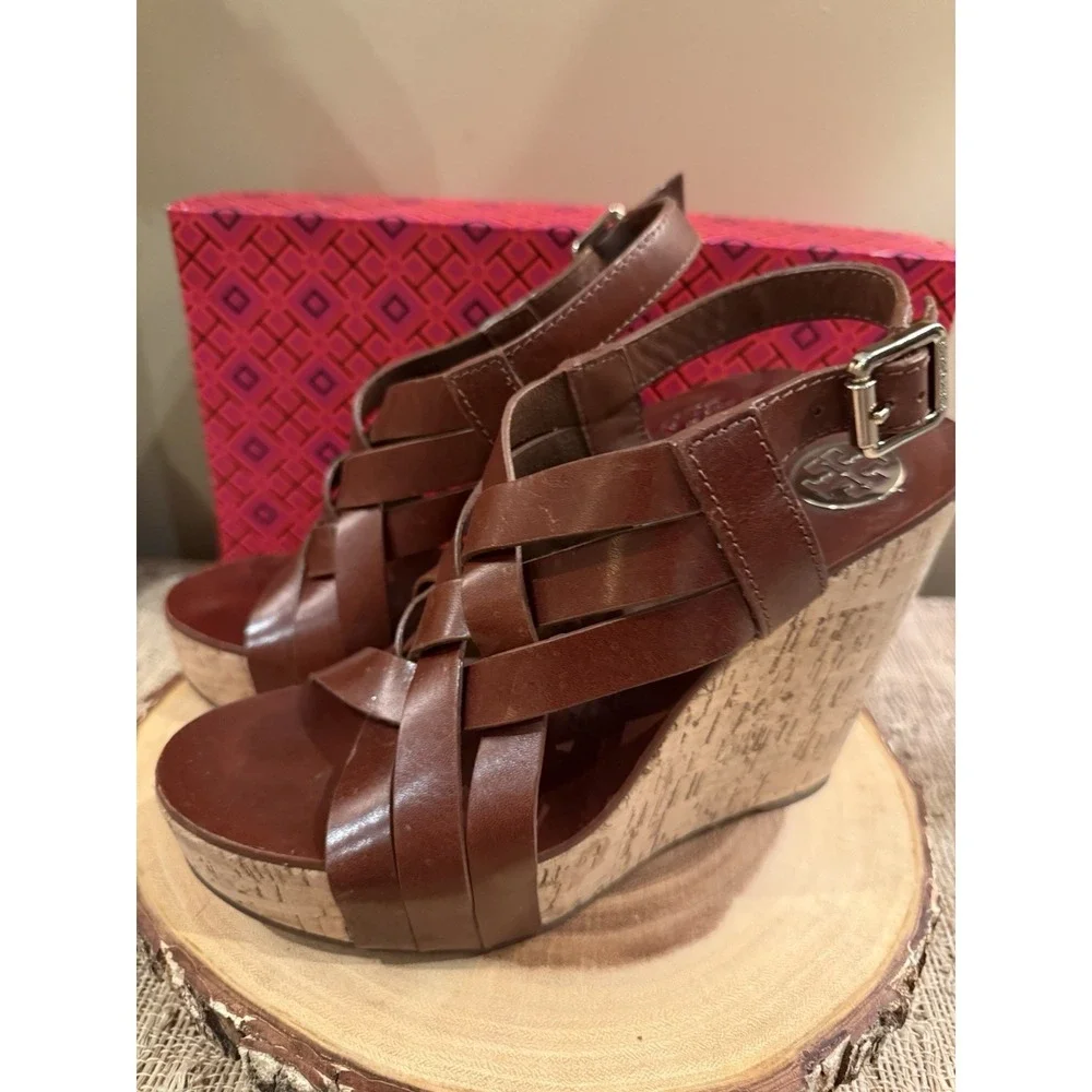 Tory Burch Ace Women's Brown Sienna Leather Buckle Wedge High Heel Sandals 8.5‎